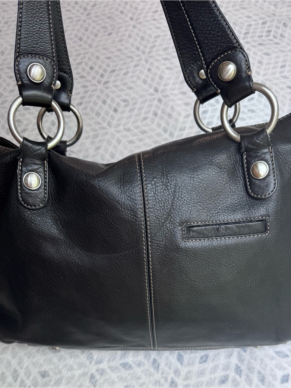 B. Makowsky Black Leather Satchel Shoulder Bag Paisley Lined Large Tote Purse - Picture 3 of 16
